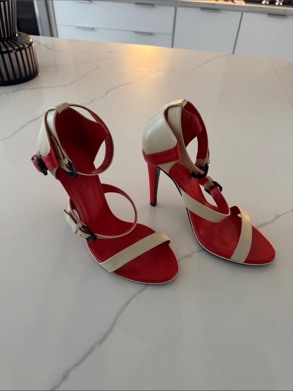 Bottega Veneta Red and Cream Strappy Stiletto Sandals
